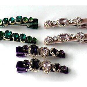 6 Crystal & Velvet Hair Clips Set Of 6 Green/Purple/Pink Tones Rhinestone